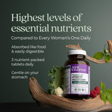 Women's Advanced bottle on driftwood with fruit and greens, highest levels of essential nutrients graphic