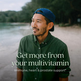 Man in a cap by a lake, get more from your multivitamin graphic