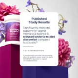Vaginal Balance bottle among flowers with published study results text