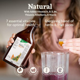 Hand pouring Epresat, natural seven vitamins energizing herbs and fruit juices graphic