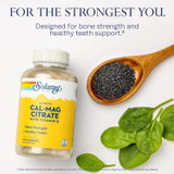 Cal-Mag bottle with spinach and seeds, strongest you bone and teeth support graphic
