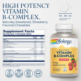 Vitamin B-Complex chewables bottle with supplement facts, naturally sweetened strawberry flavor