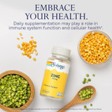 Zinc bottle with peas, embrace your health immune and cellular support graphic