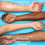 Water Drench SPF 45 swatches on four skin tones, invisible finish and non-greasy cream-to-water formula