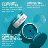 Peptide Skinjection tub open with gel patches, Uplevity peptide niacinamide hyaluronic acid graphic
