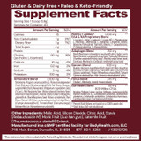 BodyHealth Reds supplement facts panel with superfood and adaptogen blends