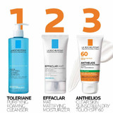 Three-step routine: Toleriane cleanser, Effaclar Mat and Anthelios Clear Skin SPF 60