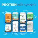 Sunwarrior protein with a purpose lineup of Warrior Blend collagen lean sport tubs graphic