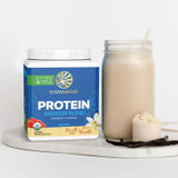 Warrior Blend Vanilla tub with mason jar vanilla smoothie scoop and beans graphic