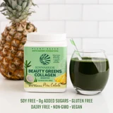 Beauty Greens tub with pineapple and green juice free-from vegan icons