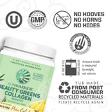 Beauty Greens Kosher GMP no hooves plant-based recycled tub certifications graphic