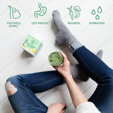 Person with green smoothie, Beauty Greens youthful aging gut nourish hydration icons