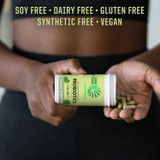 Hands holding Probiotics bottle and capsules soy dairy gluten synthetic free vegan icons