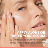 Woman applying cream to her cheek, apply alone or after your serum, morning and/or evening
