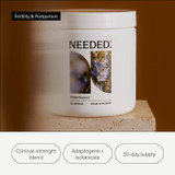 Needed Stress Support jar on a pedestal with adaptogens and 30-day supply callouts