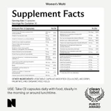 Women's Multi supplement facts panel, 3 capsule serving with clean label award logo