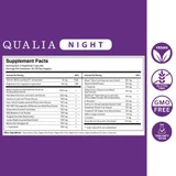 Qualia Night supplement facts with vegan, gluten free, GMO free and third party tested icons