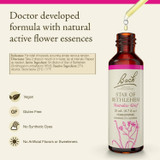 Star of Bethlehem bottle with dropper, natural active flower essences graphic with vegan and gluten free icons