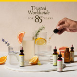 Trusted worldwide for 85 years, Bach bottles with citrus water and dropper graphic
