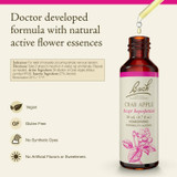 Crab Apple bottle with dropper, natural active flower essences graphic with vegan and gluten free icons