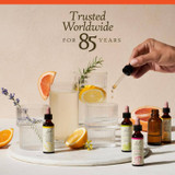 Bach bottles with citrus drinks and a dropper, trusted worldwide for 85 years graphic