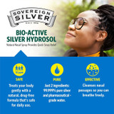 Woman outdoors, Sovereign Silver Bio-Active Silver Hydrosol graphic, 10 ppm, two ingredients, silver and water