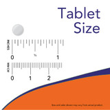 NOW Melatonin round white tablet size guide next to ruler graphic