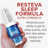 Hand holding Resteva Sleep spray, fall asleep stay asleep naturally graphic
