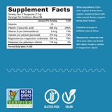 CALM Plus Calcium facts with Non-GMO Project gluten-free vegan icons graphic