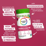 Women's One 50+ bottle with ashwagandha, black cohosh and 18 vitamins and minerals callouts