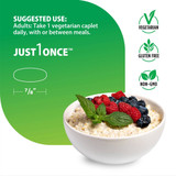 Bowl of oatmeal with berries, suggested use 1 caplet daily with vegetarian and gluten free icons