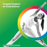 Woman in a yoga pose inside a rainbow circle, targeted support for daily balance graphic