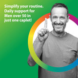 Man with glasses holding one finger, Men's One 50+ daily support graphic
