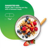 Postnatal Multivitamin suggested use capsule size beside granola berries graphic