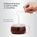 Scoop of Advanced Collagen Peptides powder poured into black coffee graphic