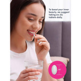 Woman taking tablet, Collagen plus Vitamin C six tablets daily size graphic