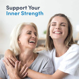 Two smiling women embracing, support your inner strength graphic