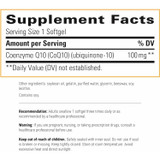 CoQ10 supplement facts panel, 1 softgel serving with recommendation and warnings