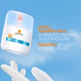 Anthelios bottle with apply and reapply directions on a sky background