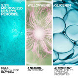 Micronized benzoyl peroxide, willowherb and glycerin ingredient panels