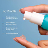 Hands pumping the primer onto a fingertip, key benefits list