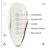 Swatch of white cream balm with MossCellTec, oat protein, ceramide, panthenol and black cumin oil callouts