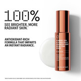 Vitamin C serum bottle and swatch, antioxidant-rich formula self-assessment results graphic