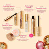 Gift set contents labeled, mascara, lip plumper, lash serum, brow serum and lip scrub