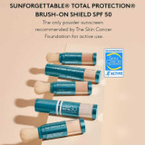 Several Brush-on Shield SPF 50 brushes, Skin Cancer Foundation recommended graphic