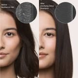 Woman's hair before and after Clarifying Detox Shampoo with magnified buildup close-ups