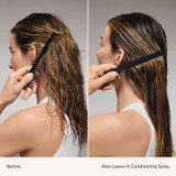 Straight hair being combed before and after Leave-In Conditioning Spray
