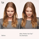 Before and after photos of a model's hair with Perfect hair Day Dry Shampoo