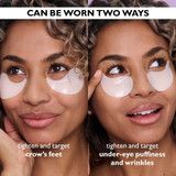 Woman wearing eye patches two ways, under the eyes and at the crow's feet