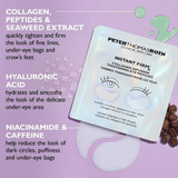 Eye patch pouch with collagen, peptides, hyaluronic acid, niacinamide and caffeine ingredient callouts